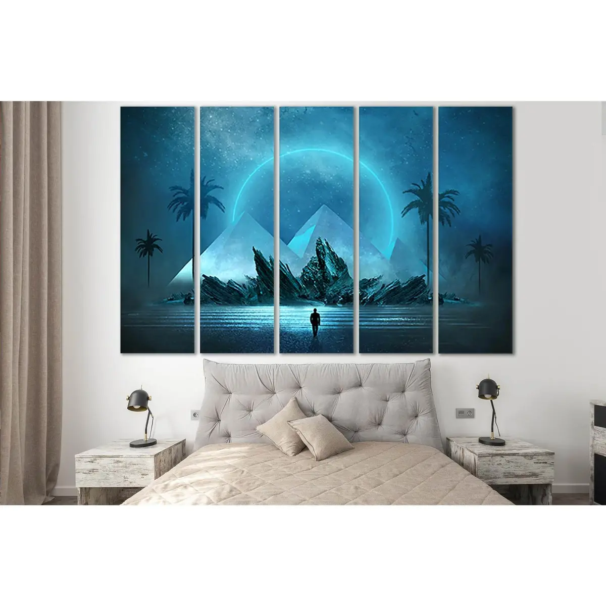 Futuristic Desert Scene Featuring Silhouetted Figure and Pyramids – SL1230 Ready-to-Hang Canvas Print - Image 3