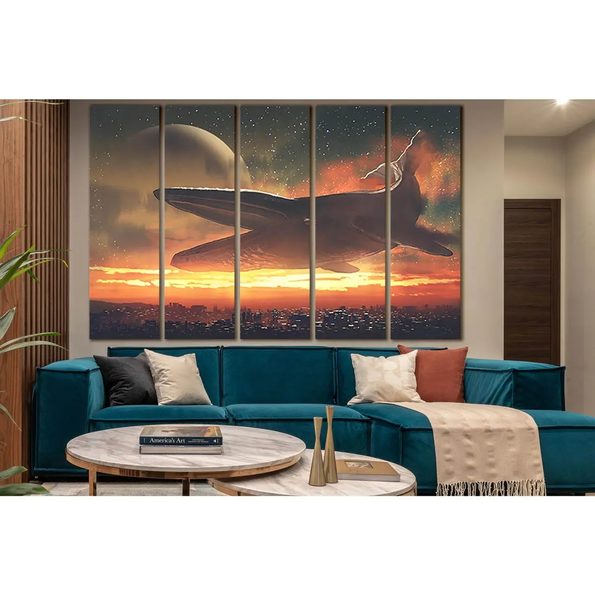 Majestic Whale Soaring Over Urban Skyline #SL1250 – Premium Ready-to-Hang Canvas Art