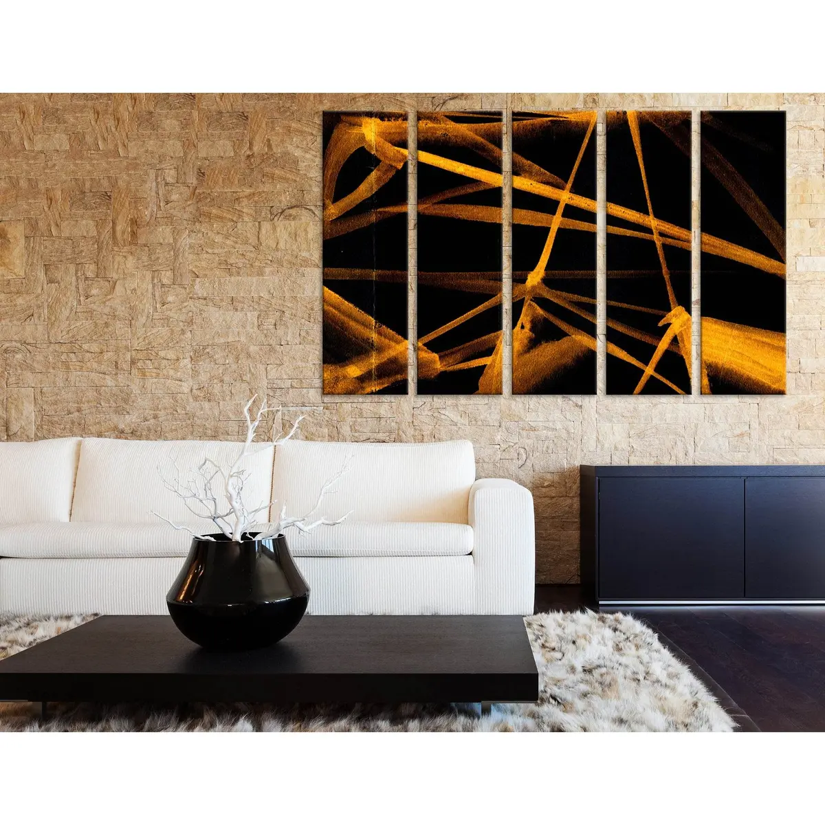 Abstract Gold Line Art on Black Canvas – Ready-to-Hang Wall Decor