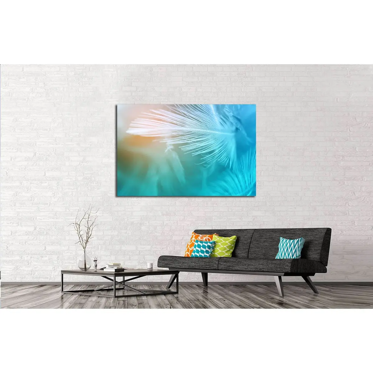 Green Turquoise And Blue Color Trends Chicken Feather Texture Background №3238 Ready To Hang Canvas Print 3