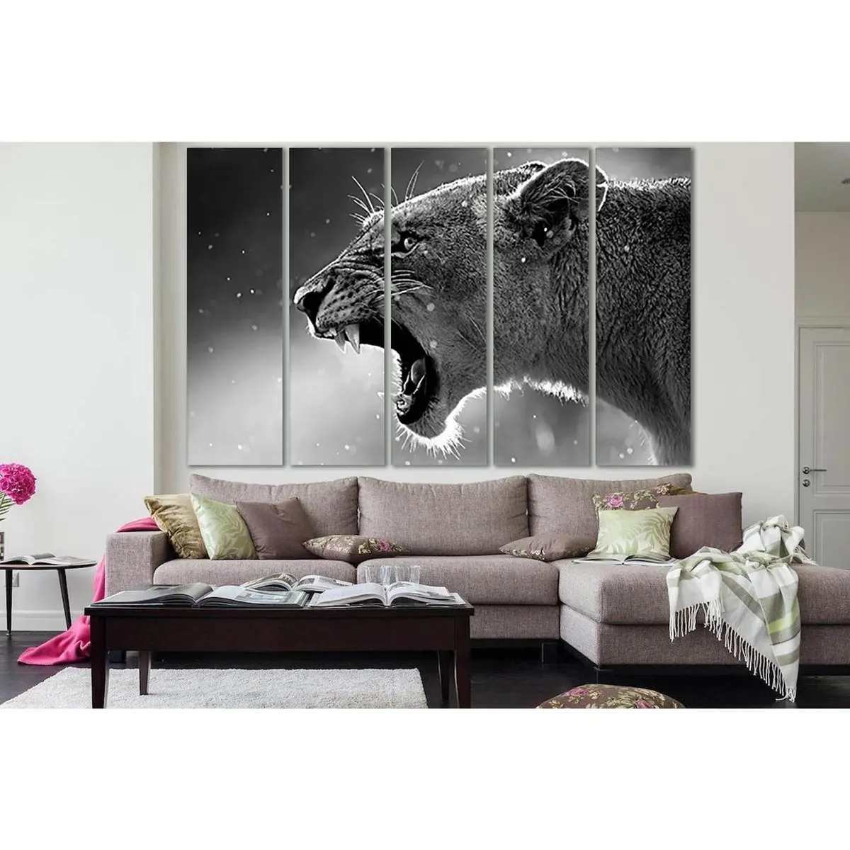 Premium Black and White Growling Lioness Canvas Art – SL855, Ready-to-Hang Wall Decor