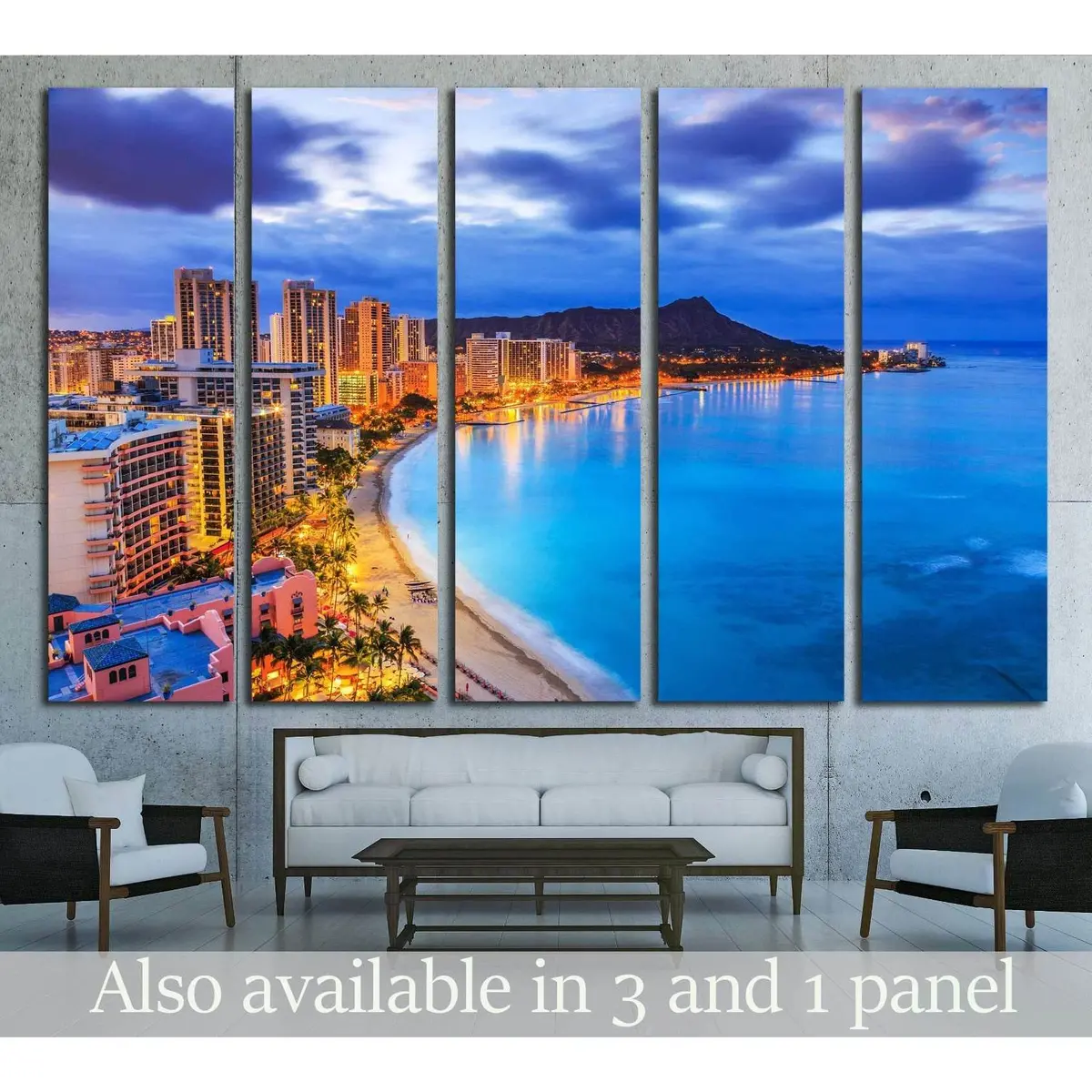 Ready-to-Hang Hawaii Canvas Print: Honolulu Cityscape with Diamond Head Volcano and Waikiki Shoreline