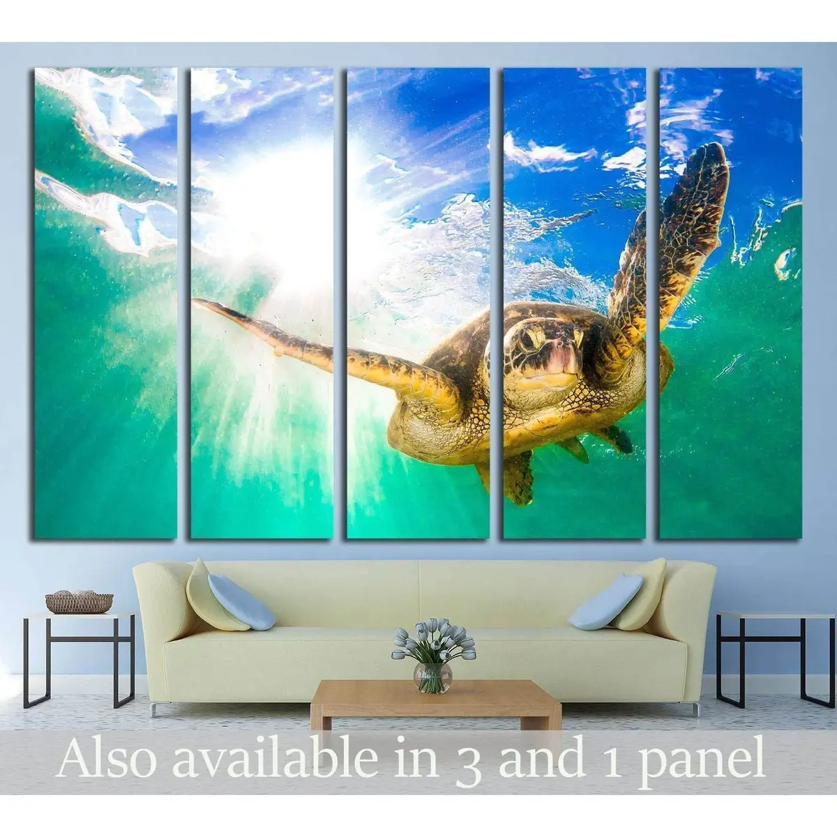 Hawaiian Green Sea Turtle Swimming in Pacific Ocean Waters – Hawaii Canvas Wall Art