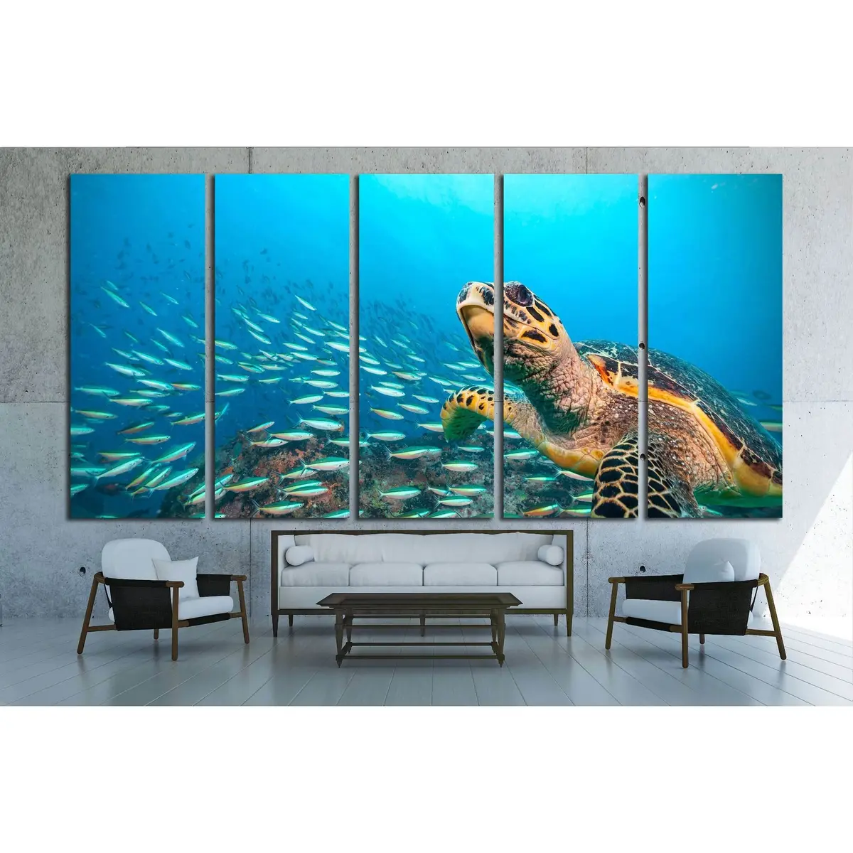 Hawksbill Turtle Gliding Through the Indian Ocean with Fish School – Ready-to-Hang Canvas Wall Art #2366 - Image 3