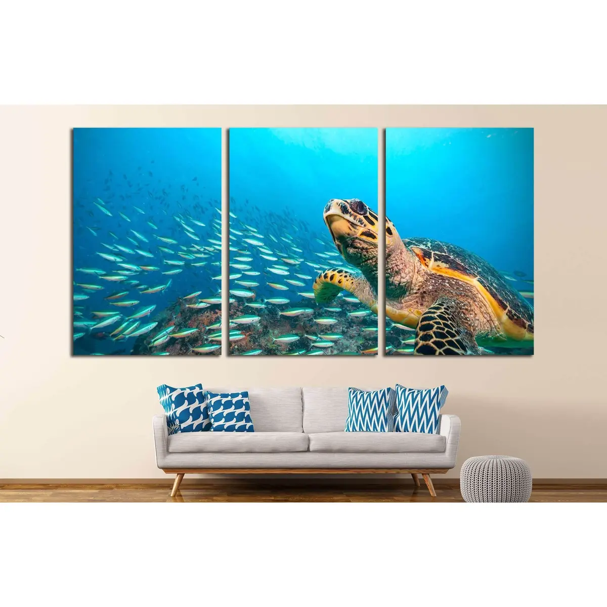 Hawksbill Sea Turtle Flowing In Indian Ocean, Flock Of Fish On Background №2366 Ready To Hang Canvas Print 5
