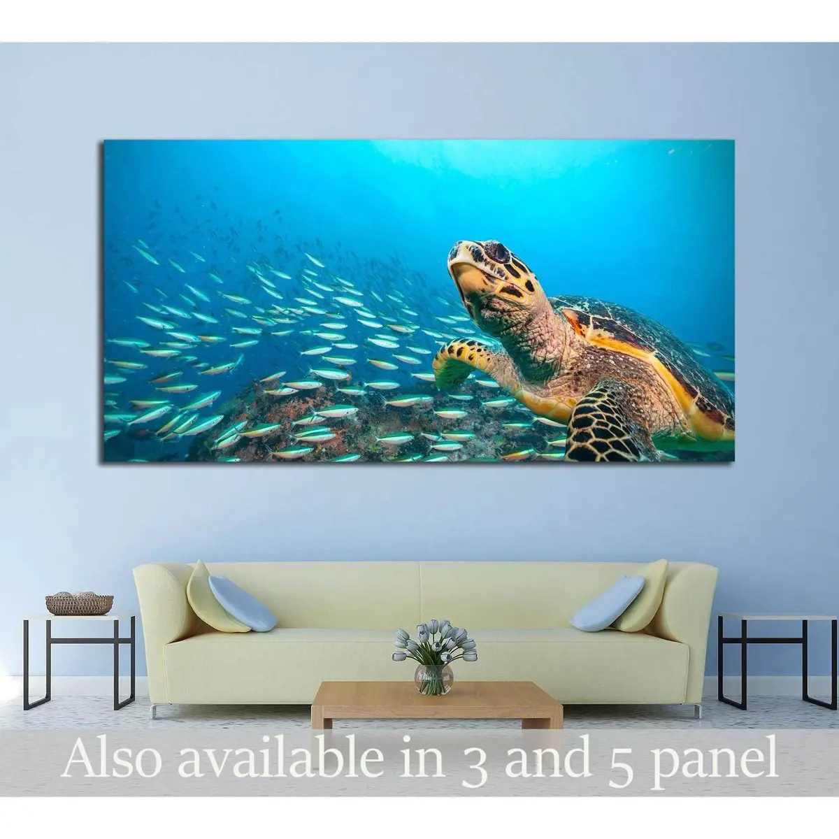 Hawksbill Sea Turtle Flowing In Indian Ocean, Flock Of Fish On Background №2366 Ready To Hang Canvas Print 1