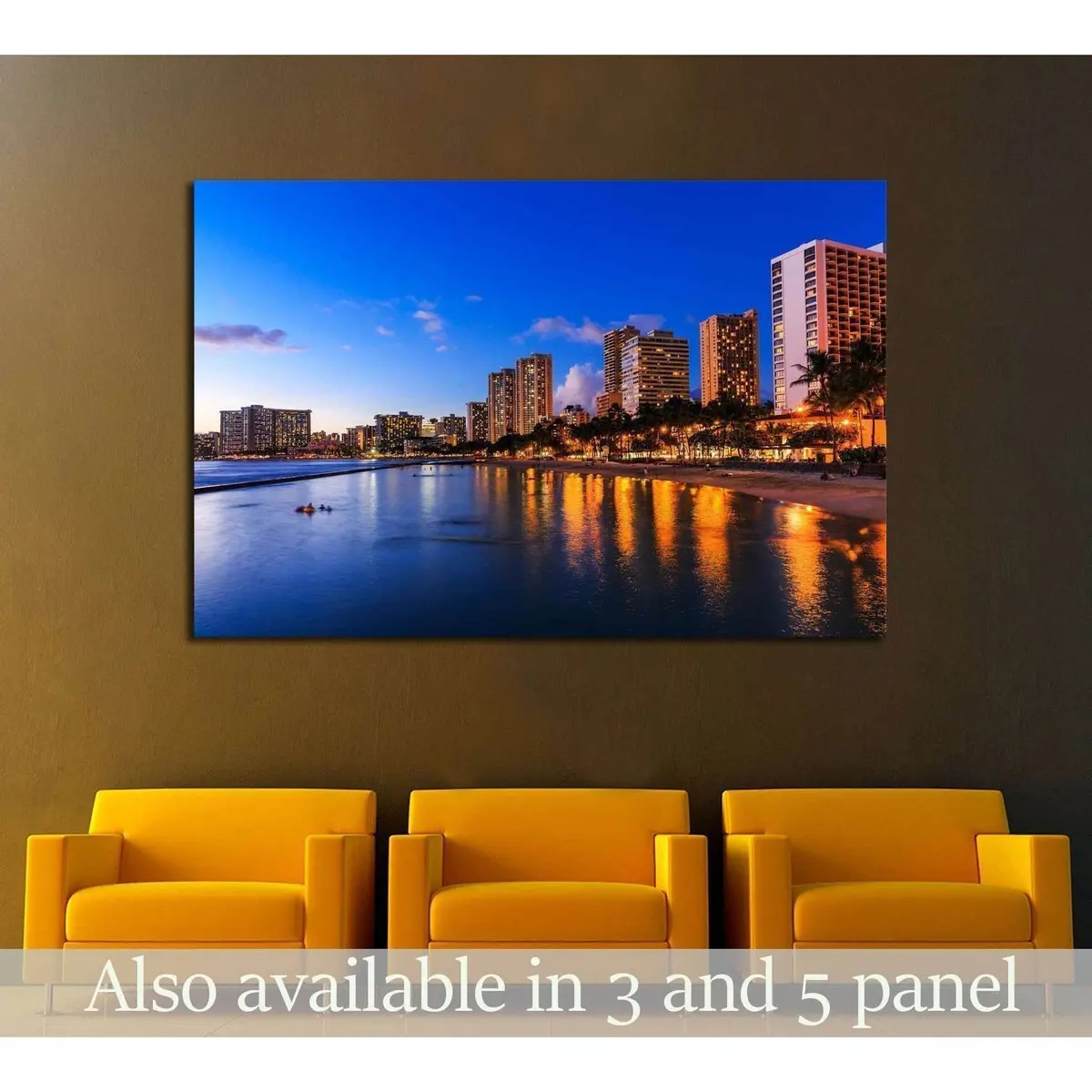 Honolulu Skyline And Waikiki Beach At Twilight, Hawaii. Usa №2301 Ready To Hang Canvas Print 1