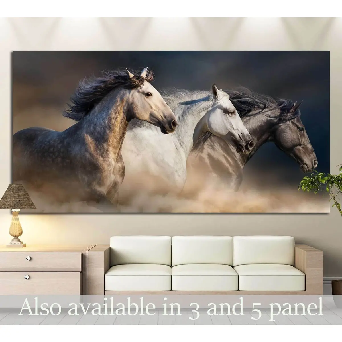 Horses With Long Mane Portrait Run Gallop In Desert Dust №1326 Ready To Hang Canvas Print 1