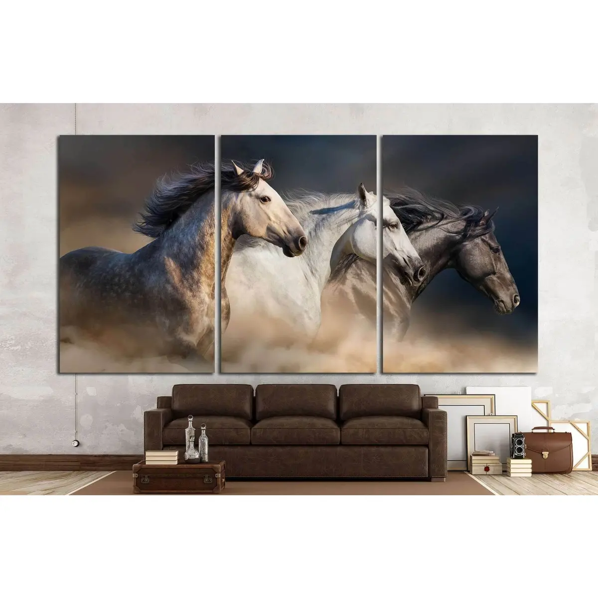 Horses With Long Mane Portrait Run Gallop In Desert Dust №1326 Ready To Hang Canvas Print 5