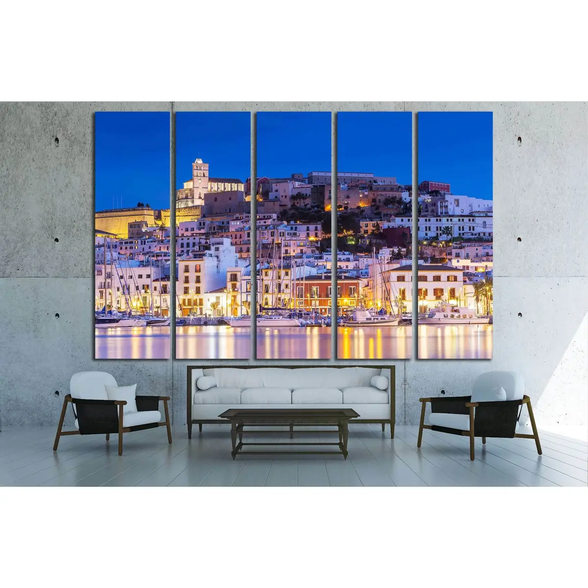 Stunning nocturnal canvas print capturing Dalt Vila’s illuminated old town in Ibiza, Spain—featuring shimmering light reflections on the water. Ready-to-hang wall art, edition #2732. - Image 3