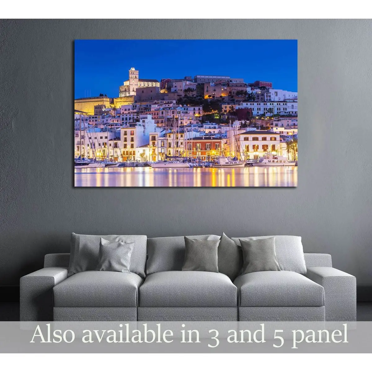 Ibiza Dalt Vila Downtown At Night With Light Reflections In The Water, Ibiza, Spain. №2732 Ready To Hang Canvas Print 1