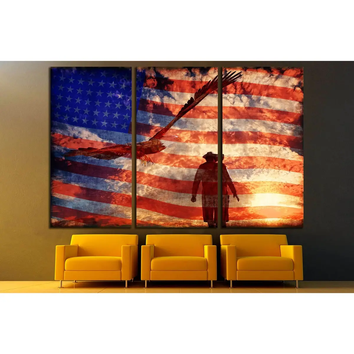 Illustration Of A Cowboy At Sunset With An Eagle And American Flag №3249 Ready To Hang Canvas Print 5