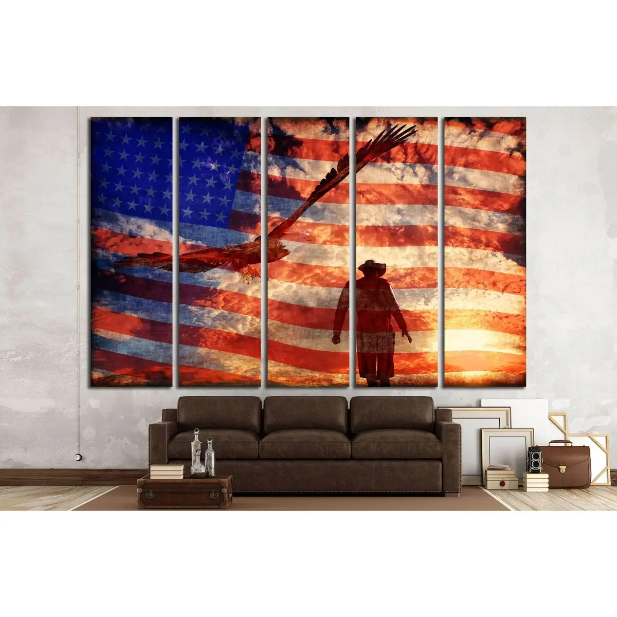 Cowboy Sunset Canvas Art Featuring Bald Eagle and American Flag – Ready-to-Hang Wall Decor - Image 3