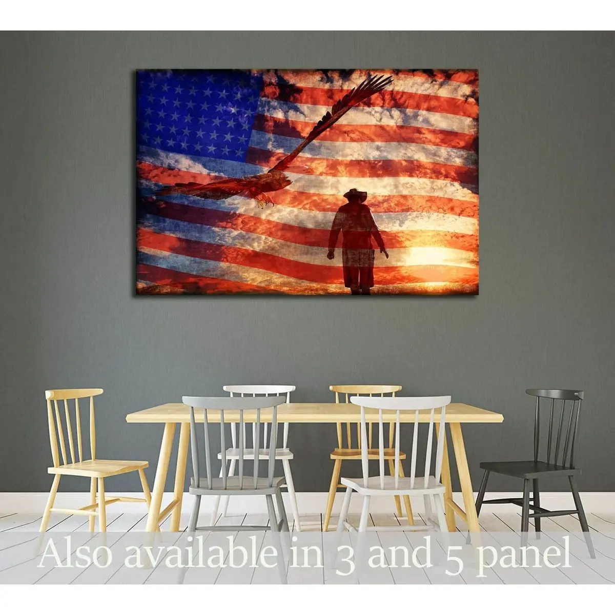 Illustration Of A Cowboy At Sunset With An Eagle And American Flag №3249 Ready To Hang Canvas Print 1