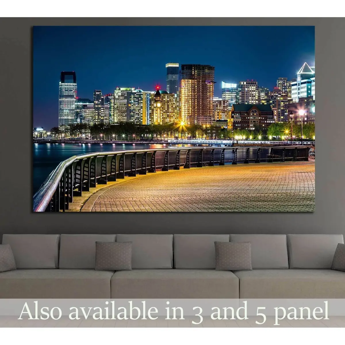 Jersey City Skyline By Night Along Hudson River Promenade №1774 Ready To Hang Canvas Print 1