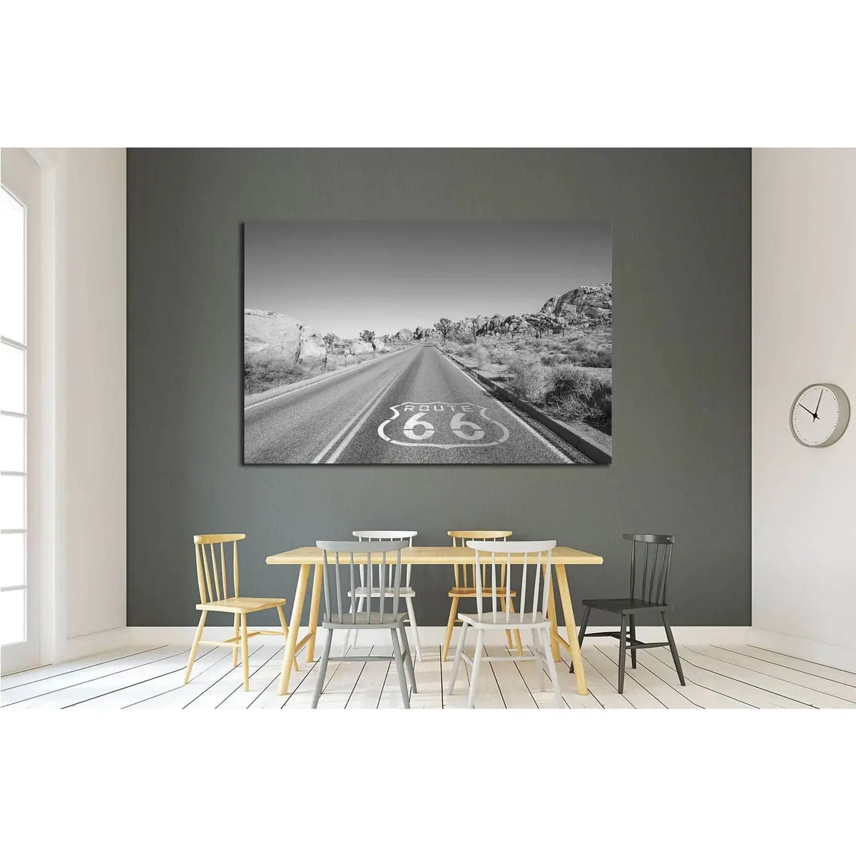 Joshua Tree Highway With Route 66 Pavement Sign In Black And White №2107 Ready To Hang Canvas Print 3