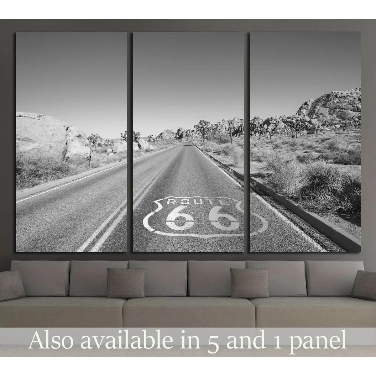 Joshua Tree Highway With Route 66 Pavement Sign In Black And White №2107 Ready To Hang Canvas Print 5