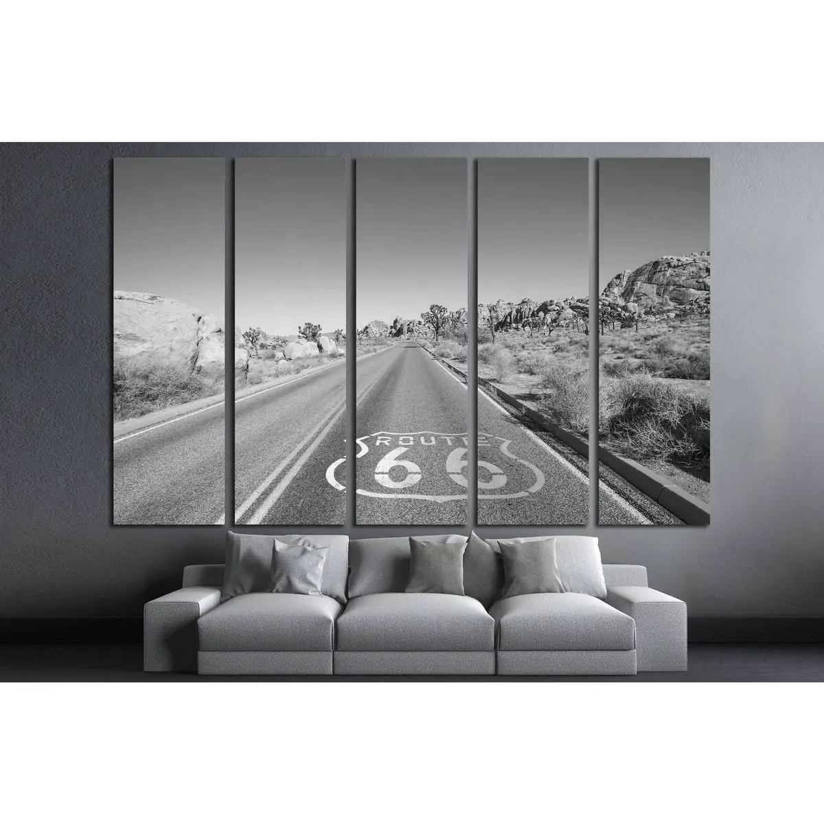 Vintage-Inspired Canvas Wall Art: Monochrome Joshua Tree Desert Scene with Iconic Route 66 Road Marking - Image 3