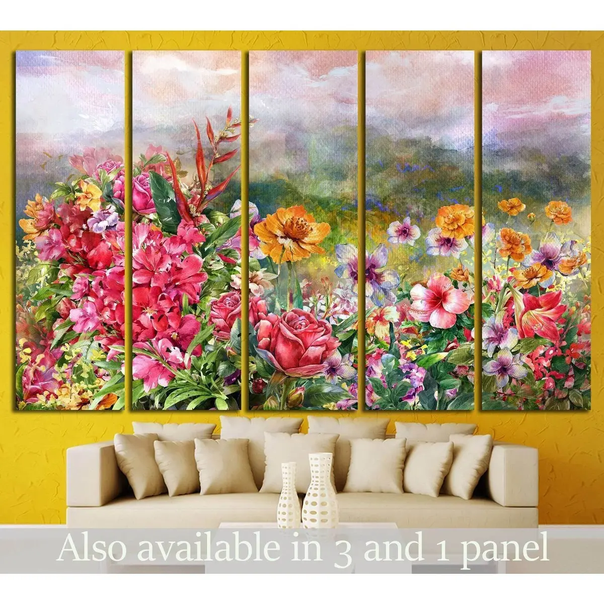 Vibrant Floral Landscape Watercolor Canvas Art Print #1351