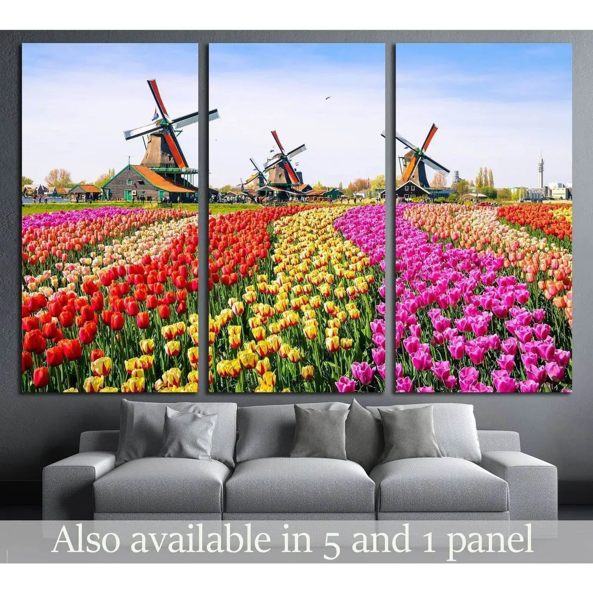 Landscape With Tulips, Traditional Dutch Windmills And Houses Near The Canal In Zaanse Schans, Netherlands, Europe №2320 Ready To Hang Canvas Print 5