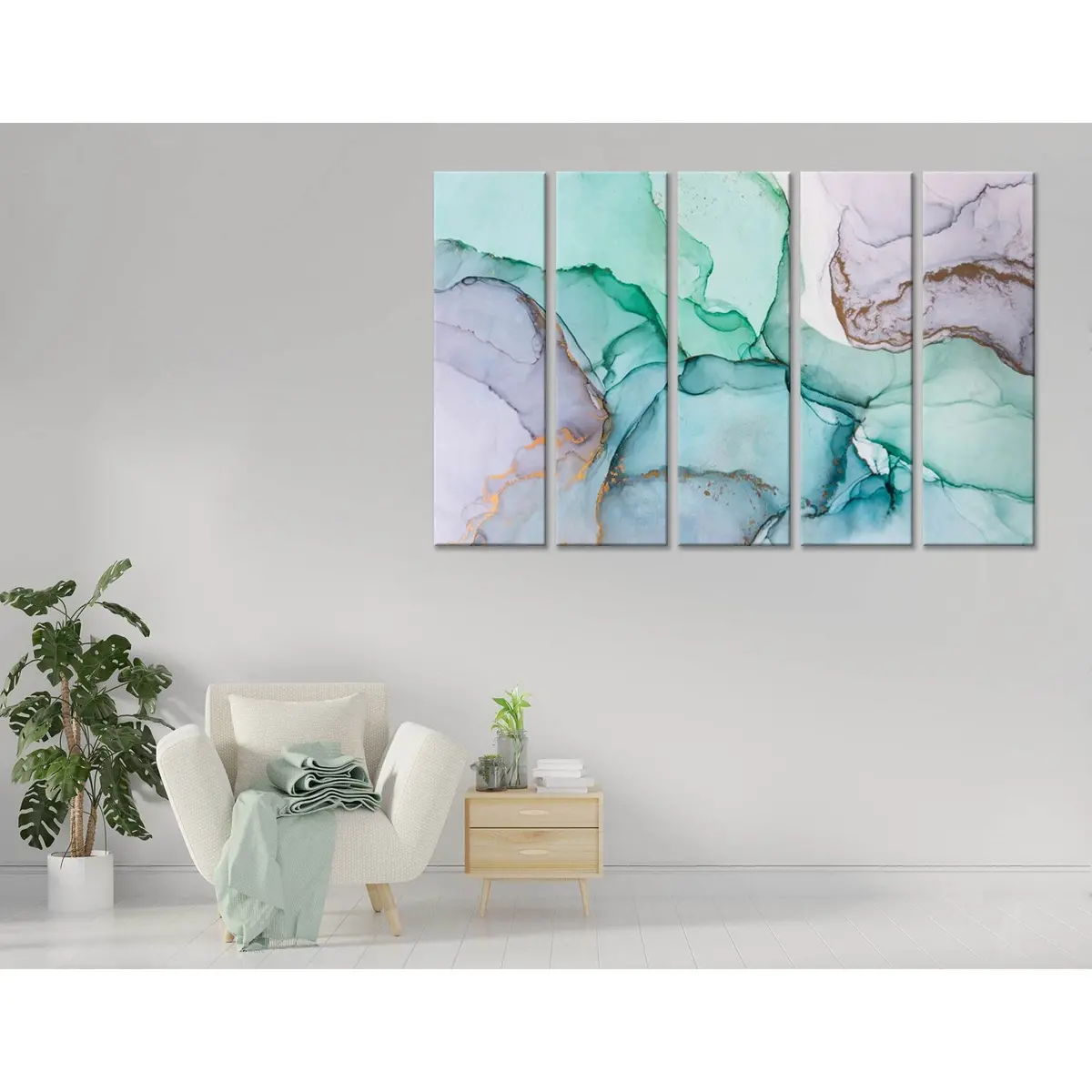 Premium Abstract Canvas Art in Light Purple, Green & Blue – Ready-to-Hang Wall Decor #04361