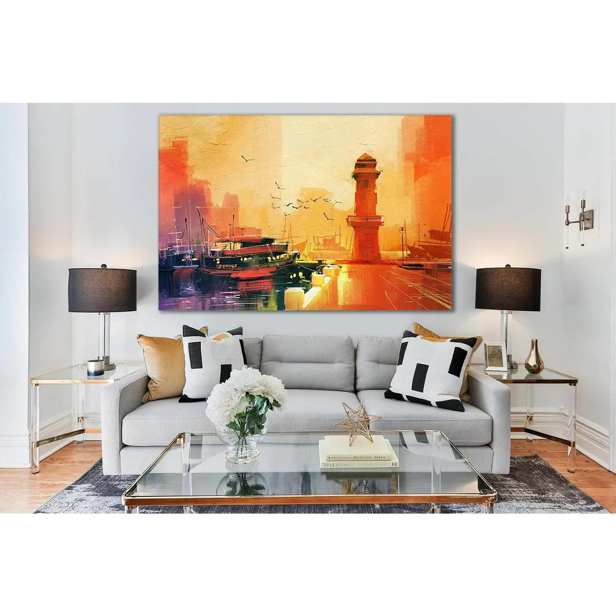 Lighthouse And Fishing Boat At Sunset №Sl598 Ready To Hang Canvas Print 1