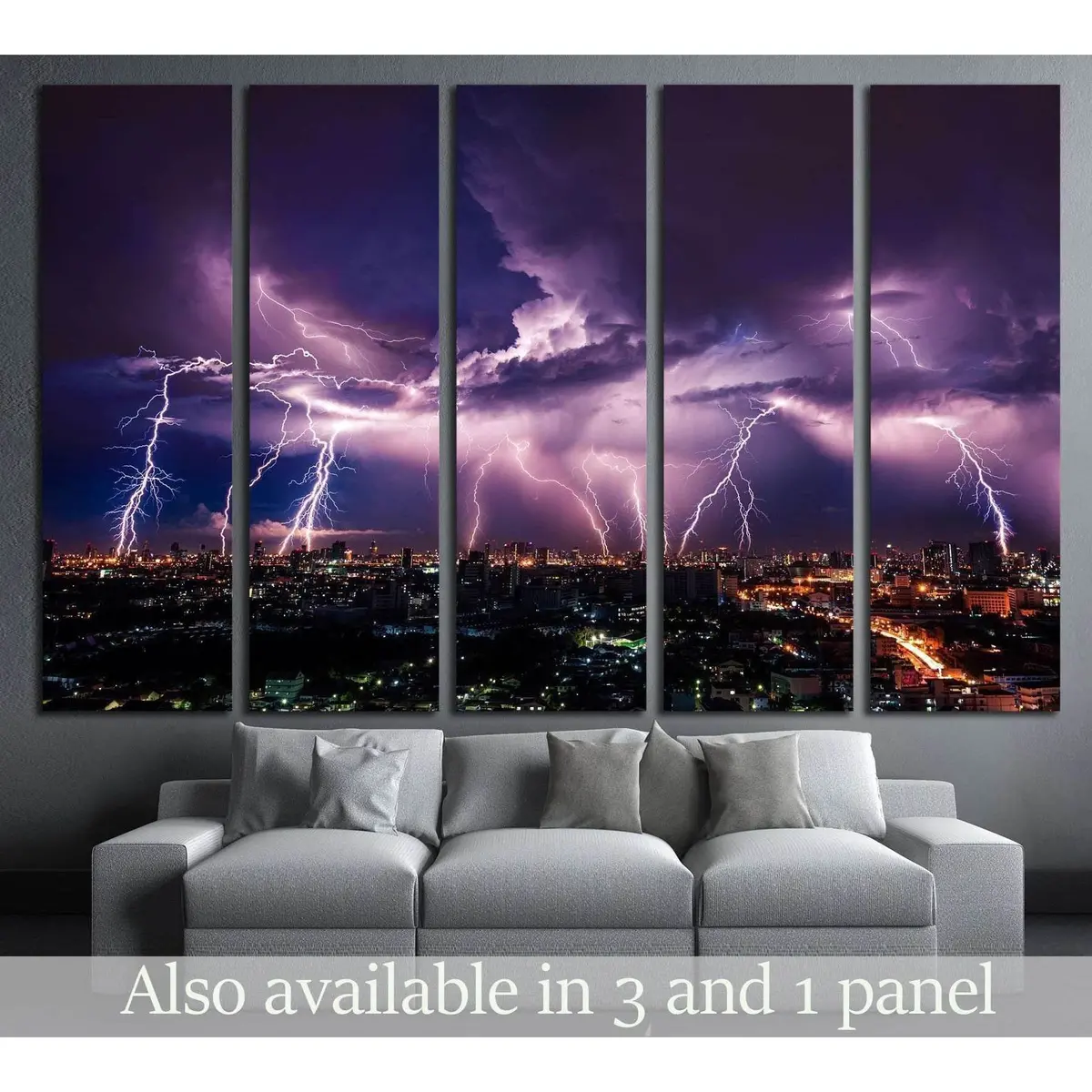 Dramatic Purple Lightning Storm Cityscape Canvas Wall Art – Ready to Hang