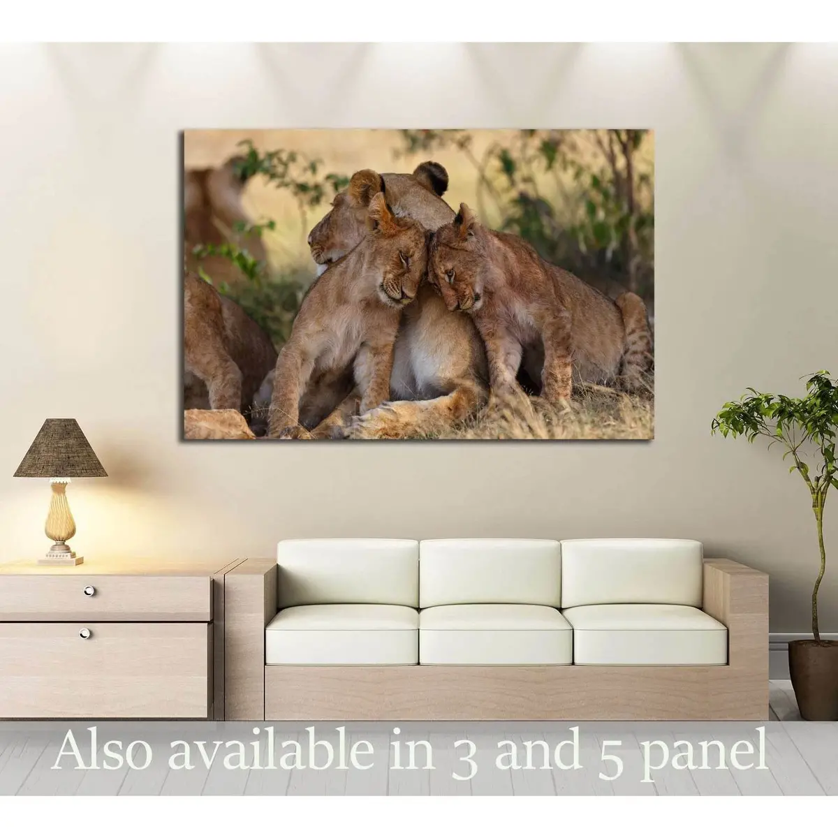 Lion Cubs Cuddle With Mother After A Good Breakfast In Masai Mara, Kenya №2796 Ready To Hang Canvas Print 1