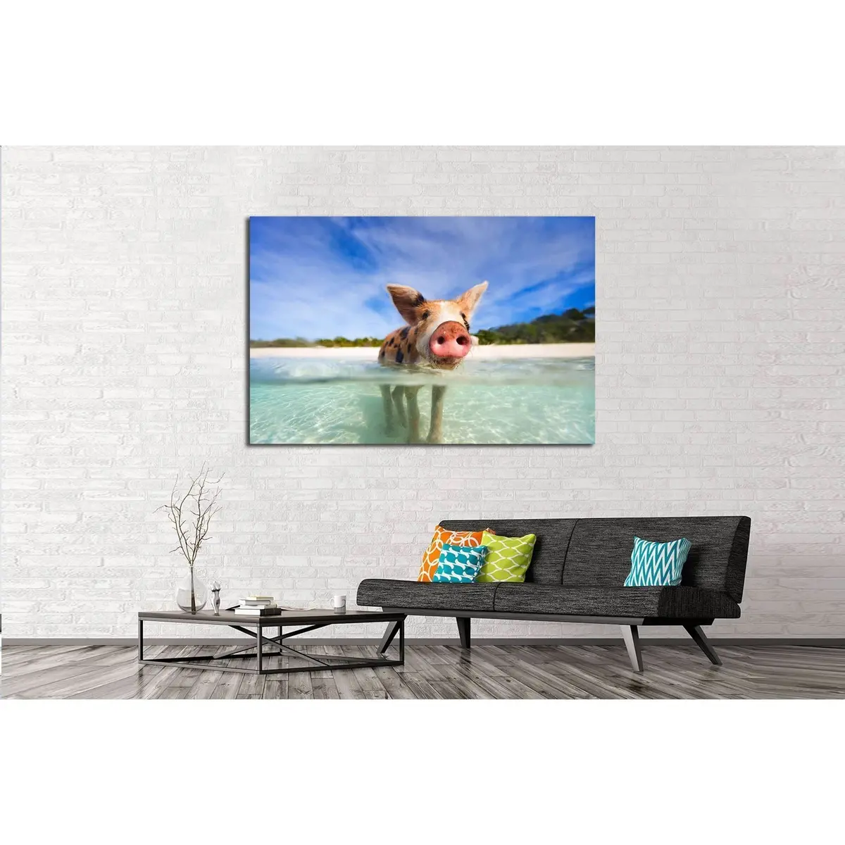 Little Piglet In A Water At Beach On Exuma Bahamas №2350 Ready To Hang Canvas Print 3