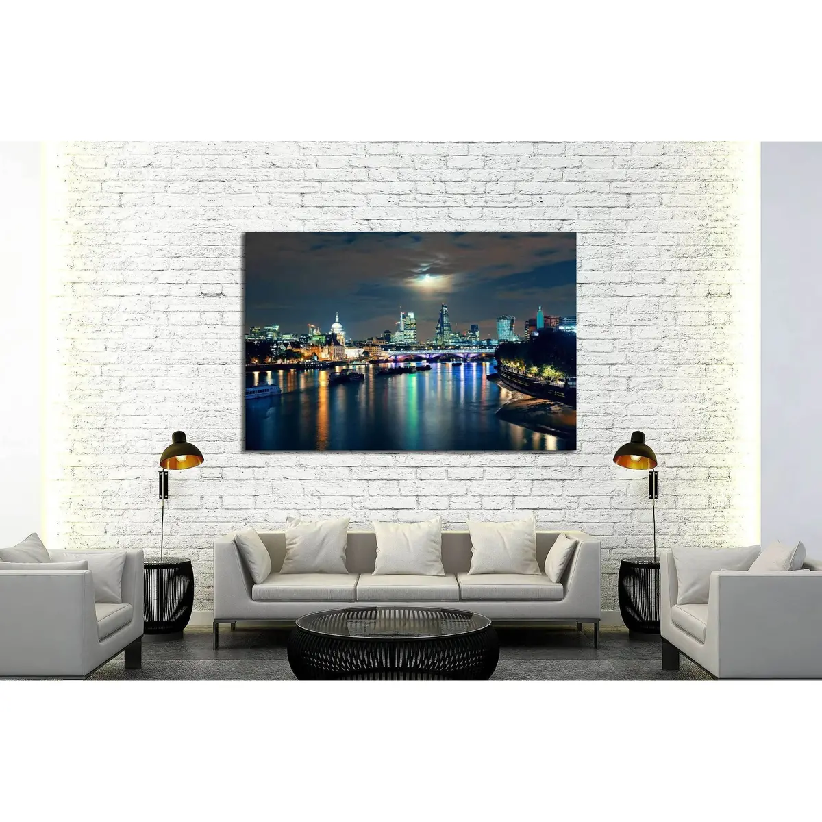 London Cityscape With Urban Buildings And Moon Over Thames River At Night №2164 Ready To Hang Canvas Print 3