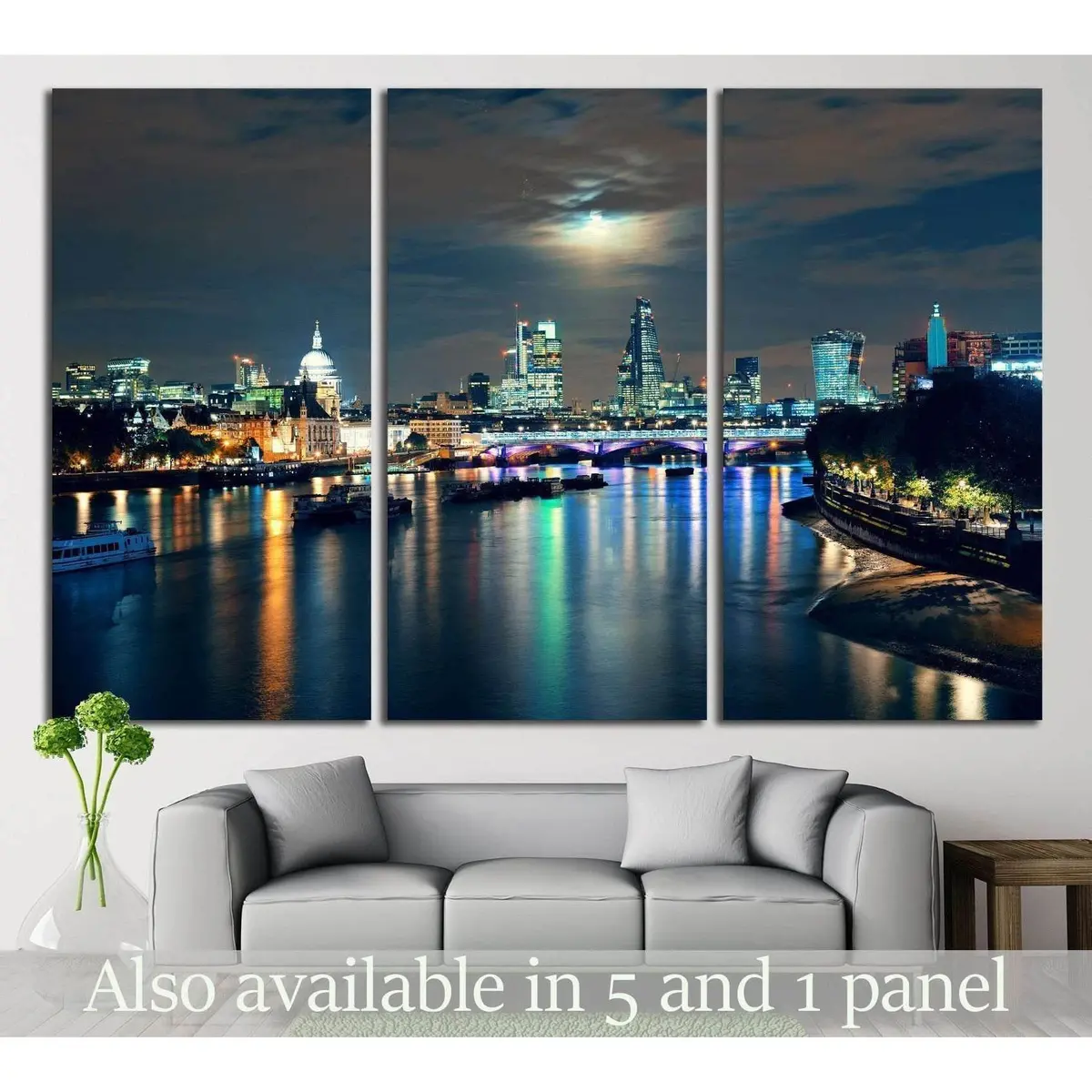 London Cityscape With Urban Buildings And Moon Over Thames River At Night №2164 Ready To Hang Canvas Print 5