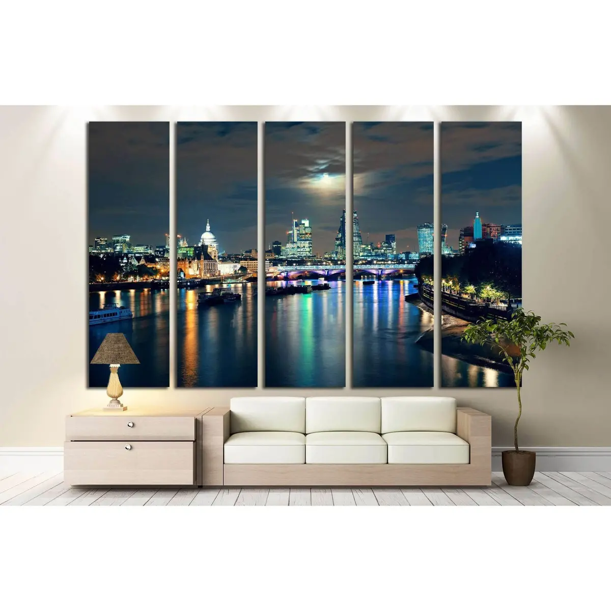 Stunning London Night Skyline Canvas Print with Thames River and Moonlight - Image 3