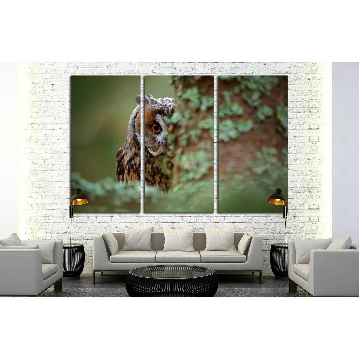 Long-Eared Owl With Big Orange Eyes Behind Larch Tree Trunk, Sweden №1861 Ready To Hang Canvas Print 5
