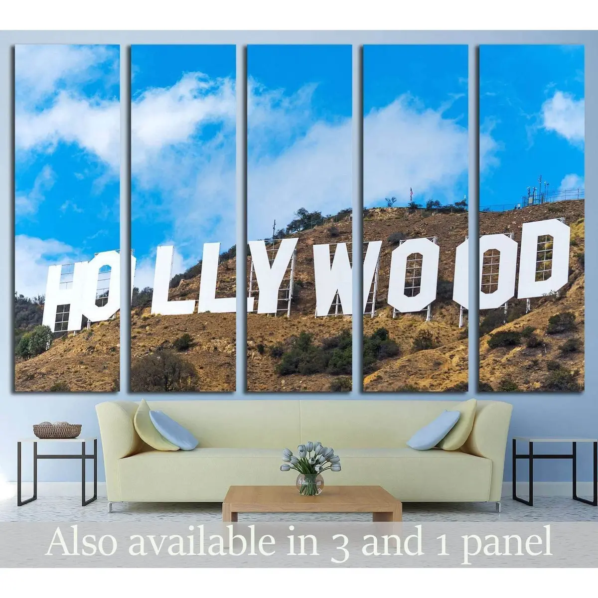 Hollywood Sign Canvas Print – Los Angeles Skyline with Blue Sky and Clouds, Ready-to-Hang Wall Art #2110