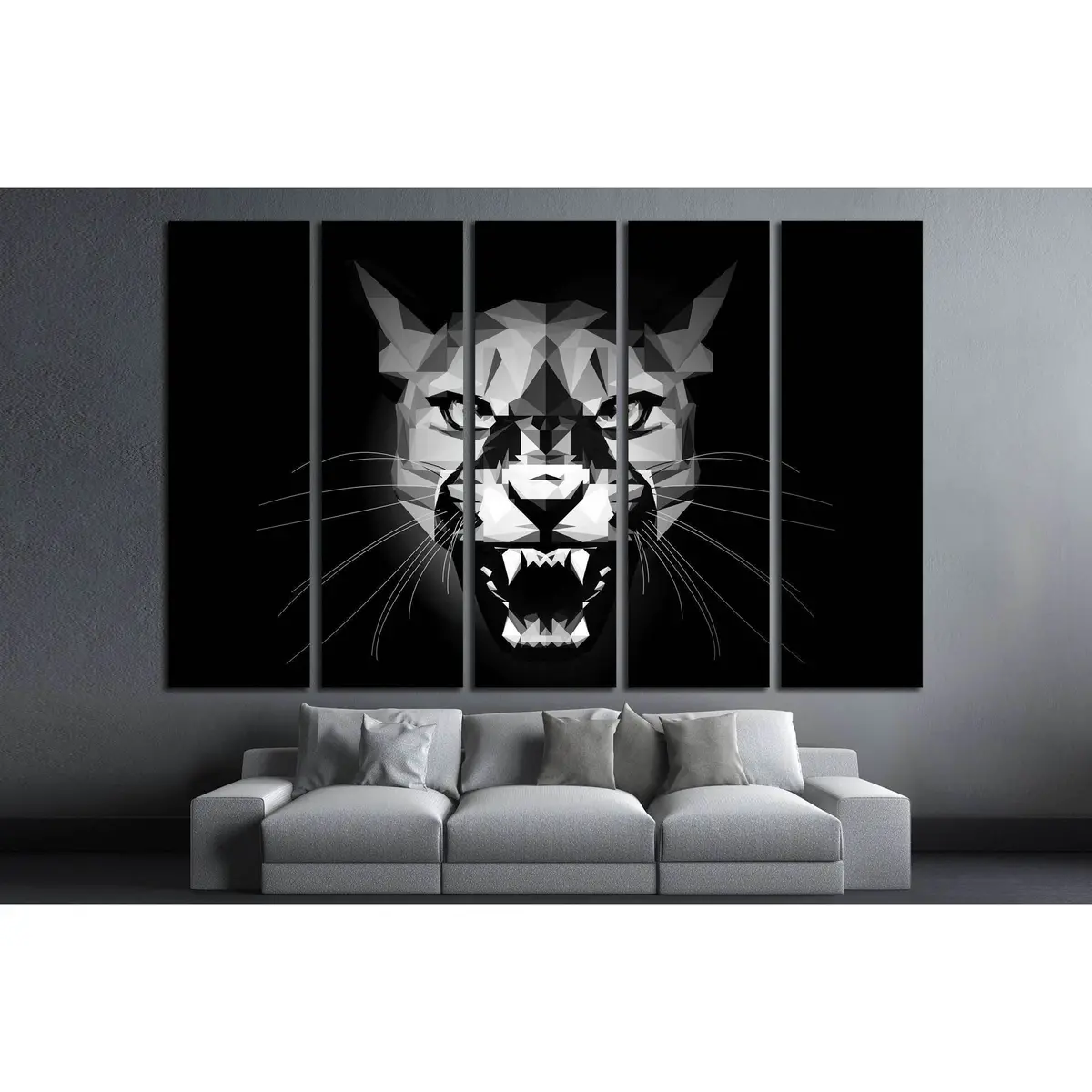 Aggressive Low-Poly Puma Portrait – Minimalist Black-and-White Canvas Wall Art - Image 3