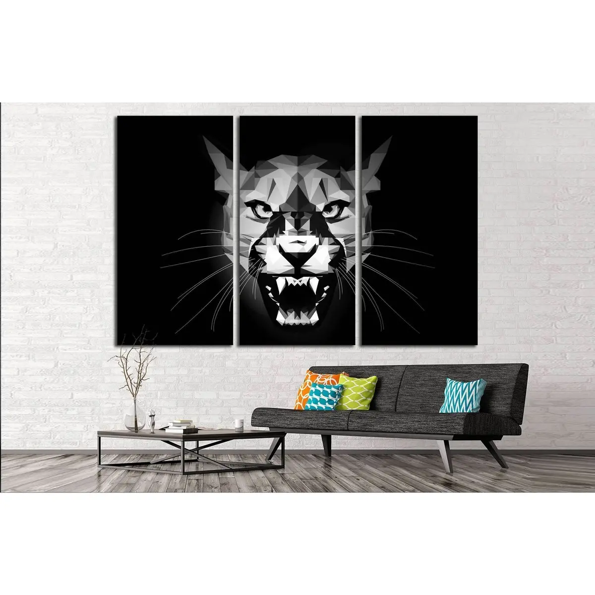Low Poly Aggressive Puma - Black And White Portrait - Design Illustration №2354 Ready To Hang Canvas Print 5