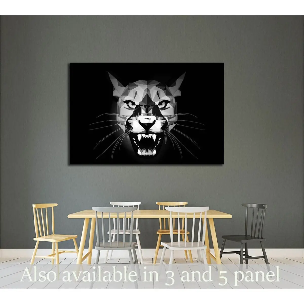 Low Poly Aggressive Puma - Black And White Portrait - Design Illustration №2354 Ready To Hang Canvas Print 1