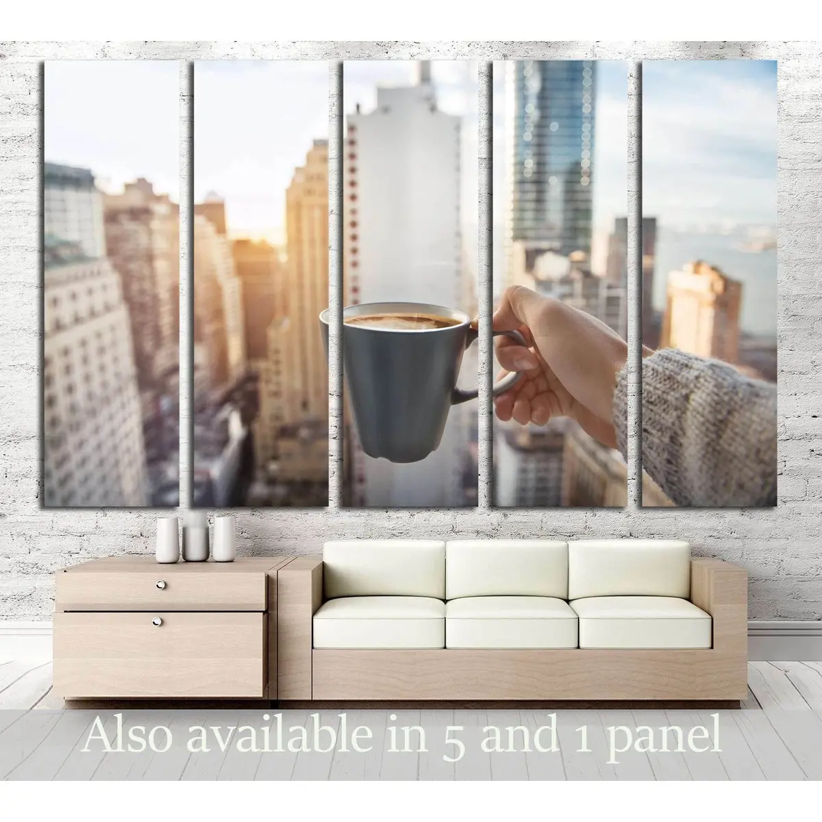 Contemporary Canvas Art: Man Sipping Coffee in Manhattan Luxury Penthouse with City Skyline View