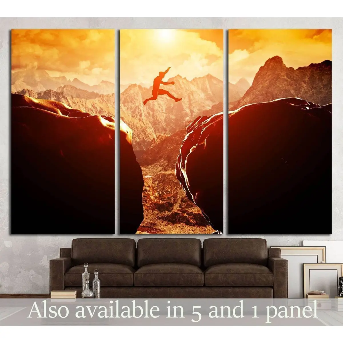 Man Jumping Over Precipice Between Two Rocky Mountains №1373 Ready To Hang Canvas Print 5