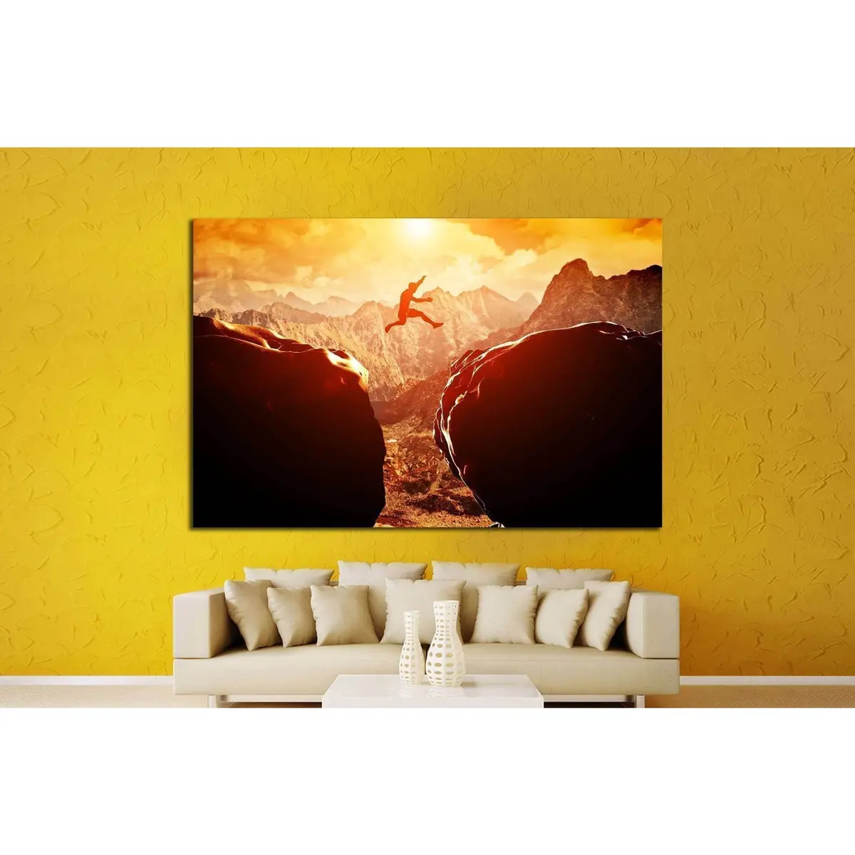 Man Jumping Over Precipice Between Two Rocky Mountains №1373 Ready To Hang Canvas Print 2