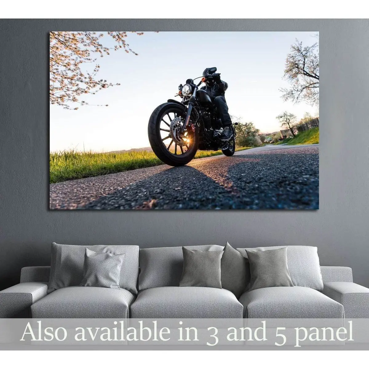 Man Sat On Motorcycle On The Road During Sunrise №1874 Ready To Hang Canvas Print 1