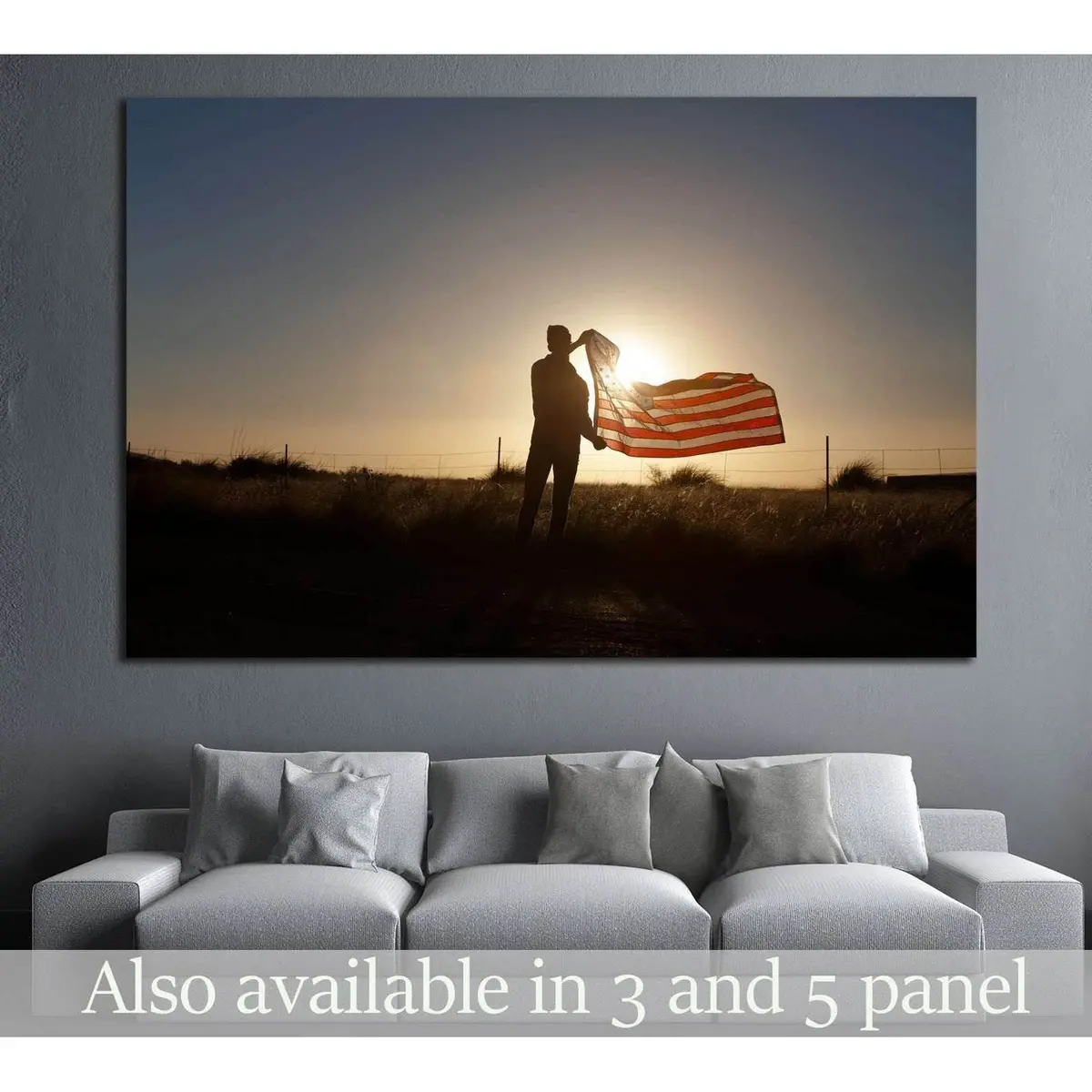 Man Waving The American Flag At Sunset №1286 Ready To Hang Canvas Print 1