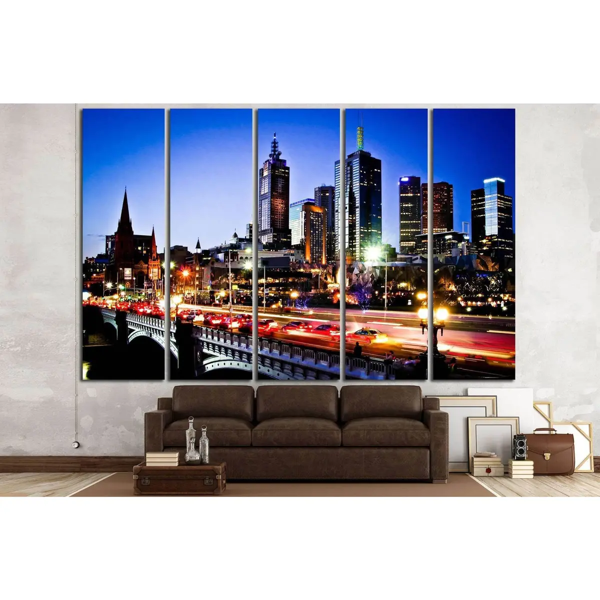 Melbourne Night Skyline Canvas Art Print #784 - Image 3