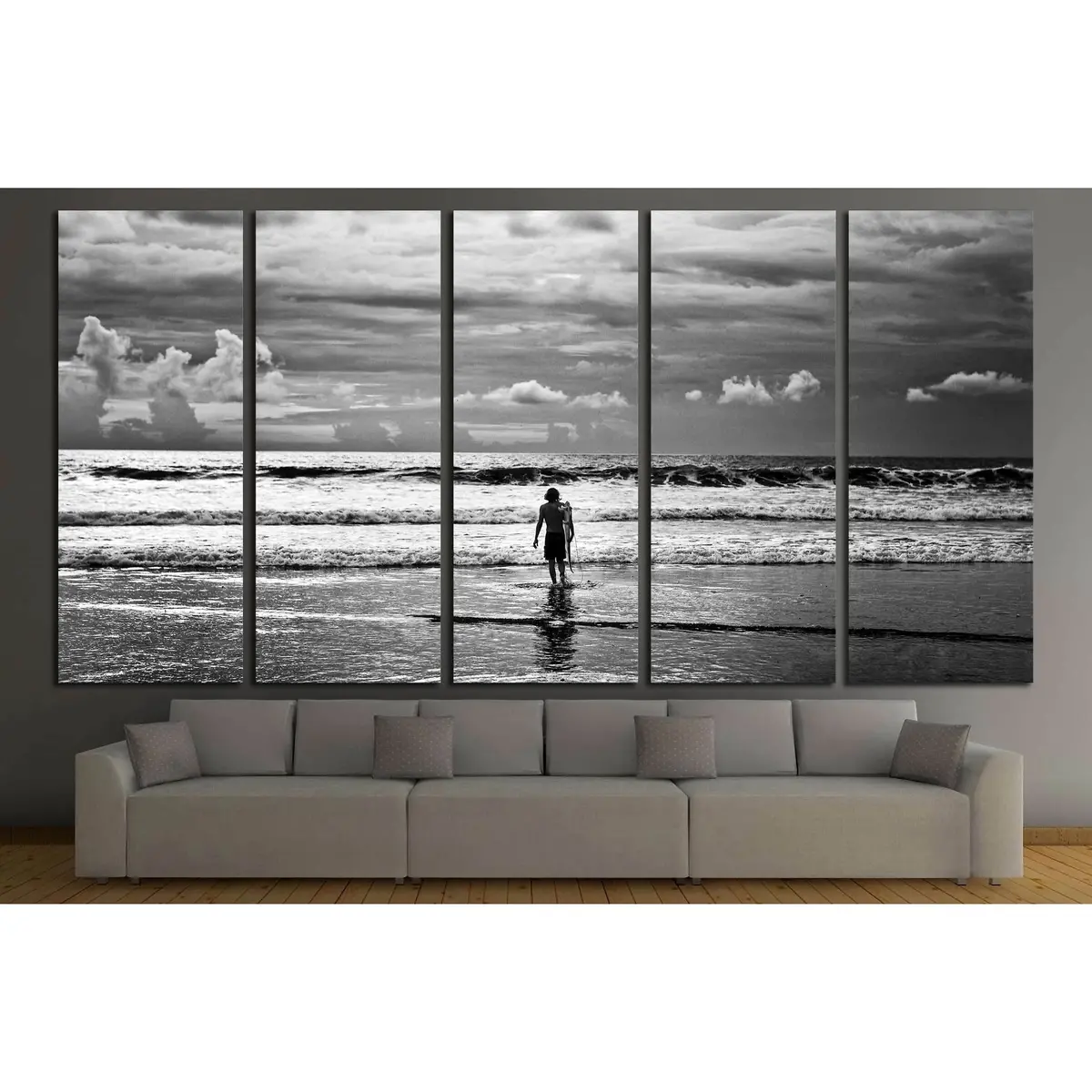Black-and-White Surfing Art Canvas Print – Male Surfer Ocean Scene - Image 3
