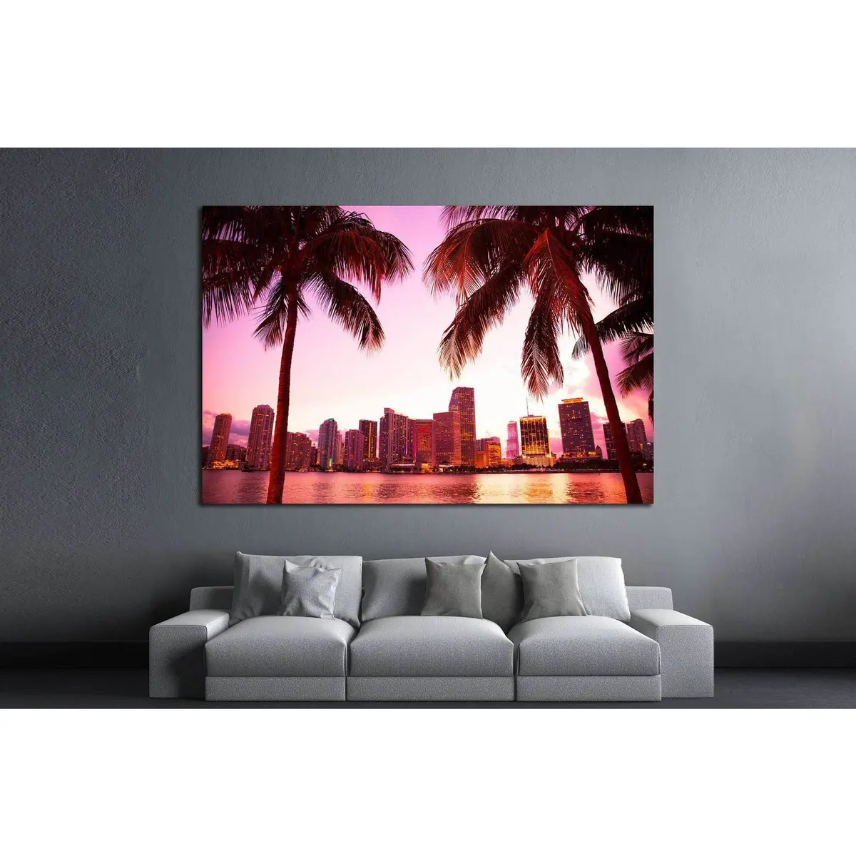 Miami Florida Skyline And Two Palm Trees №1266 Ready To Hang Canvas Print 3