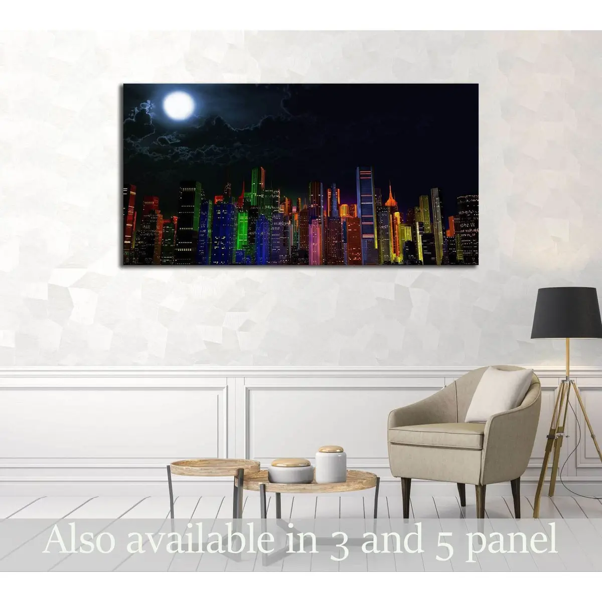 Modern City Lit By Colorful Light Effects At Night 3D Illustration №2994 Ready To Hang Canvas Print 1