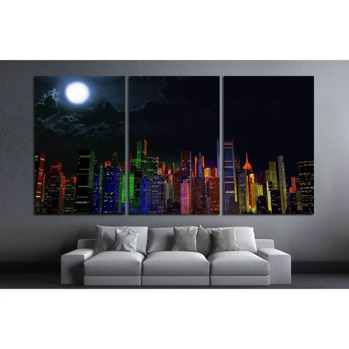 Modern City Lit By Colorful Light Effects At Night 3D Illustration №2994 Ready To Hang Canvas Print 5