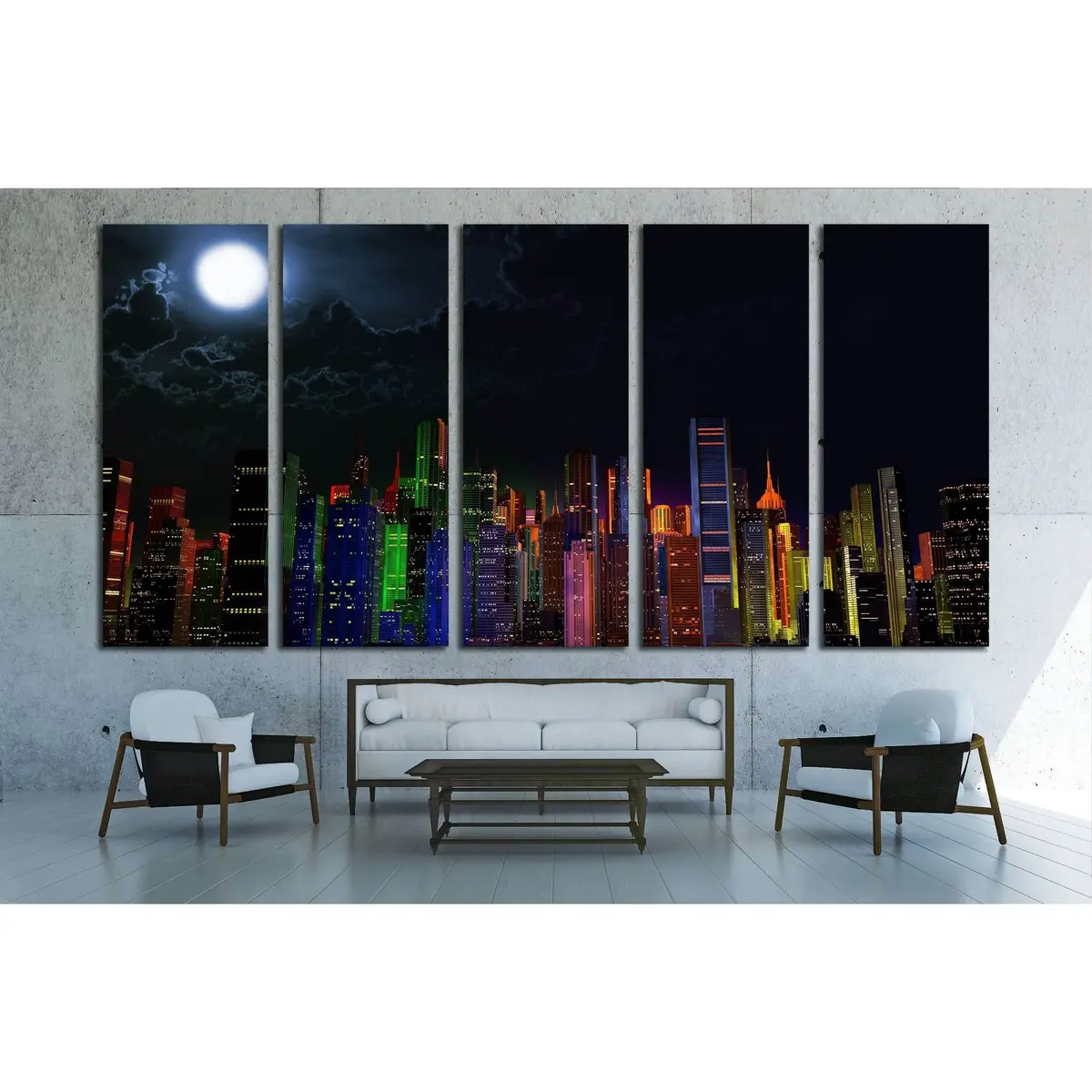Vibrant Night Cityscape 3D Illustration Canvas Art Print #2994 - Image 3