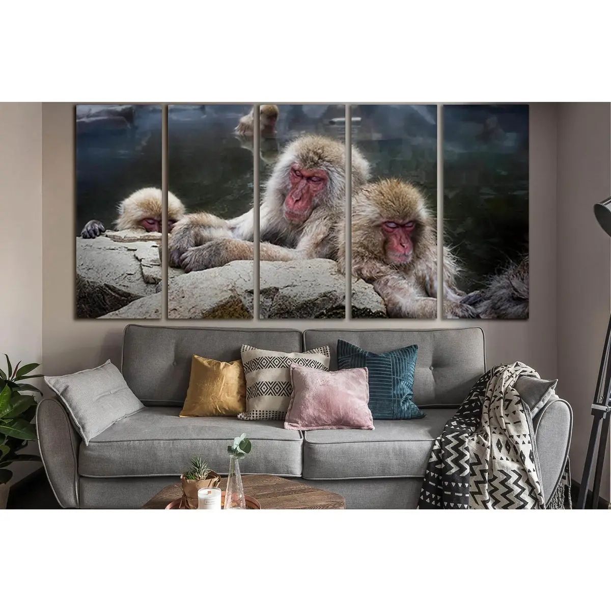 SL1010 Japanese-style monkey-in-water canvas print — ready to hang - Image 3