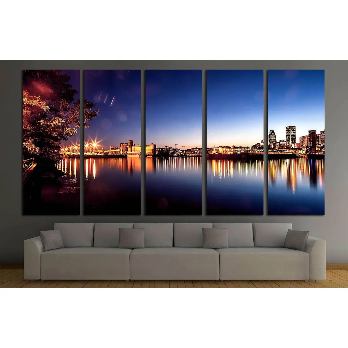 Ready-to-Hang Montreal Sunset Canvas Print Featuring Urban Skyline and Reflective Water Channel - Image 3